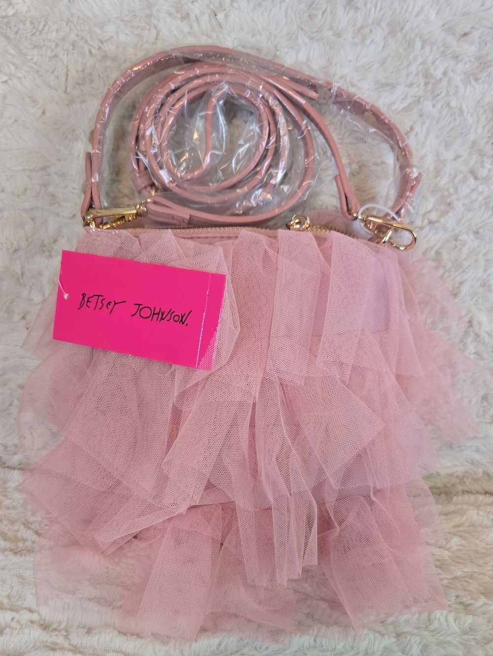 Betsey Johnson Pink Layered Tulle Crossbody Bag with Gold Hardware